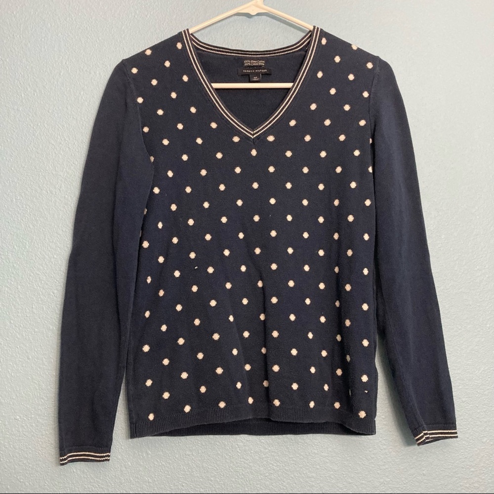 Tommy Hilfiger Polka Dot Pima Cotton Knit Sweater - Small - Navy/White
